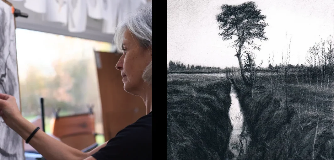 Artist Lelia in studio and her drawing of a Winter Bog