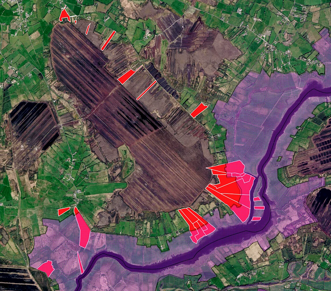 GIS map showing Natura 2000 boundaries and participating Cornafulla Micro Reserve landowner sites