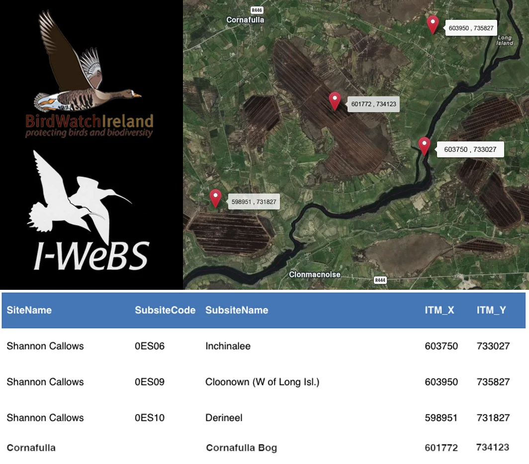 Map of sites in Inchinalee, Cloonown (W of Long Isl.), Derineel and Cornafulla Bog