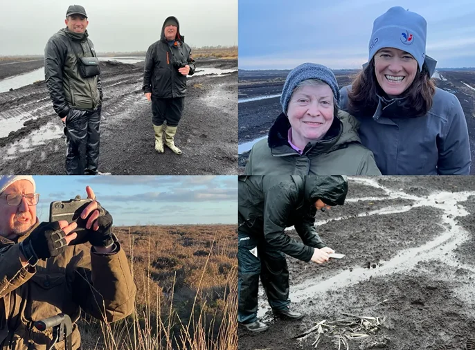 four photos of members recording the bog with cameras and binoculars